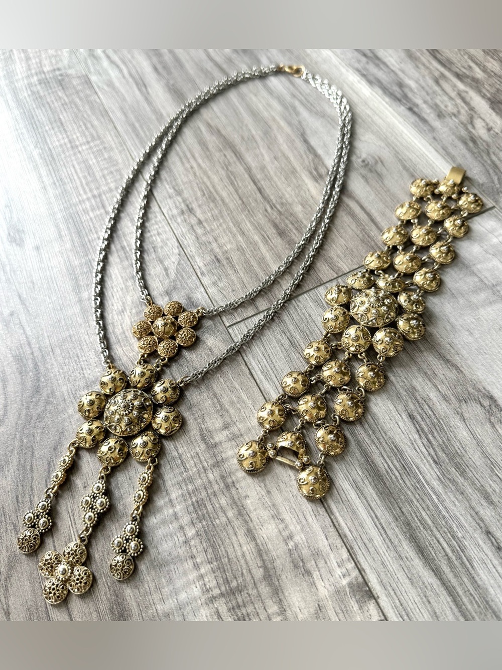 Vintage Banana Republic Gold-Tone Filigree Necklace and Bracelet Set